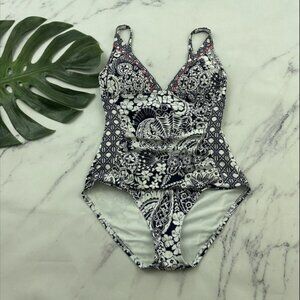 Tommy Bahama Womens One Piece Swimsuit Size 8 Navy Blue White Tropical Floral